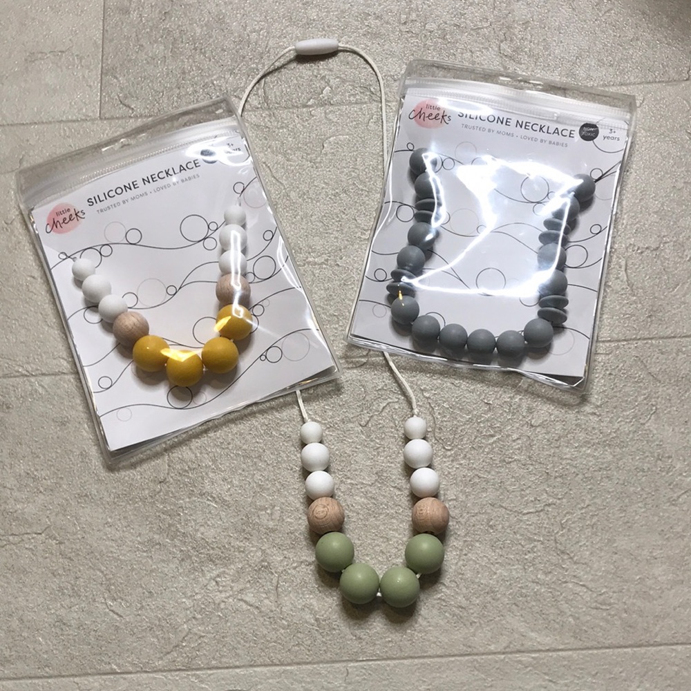 Lot of 3 Teething Necklaces Little Cheeks Green Yellow Gray Silicone Chew Beads